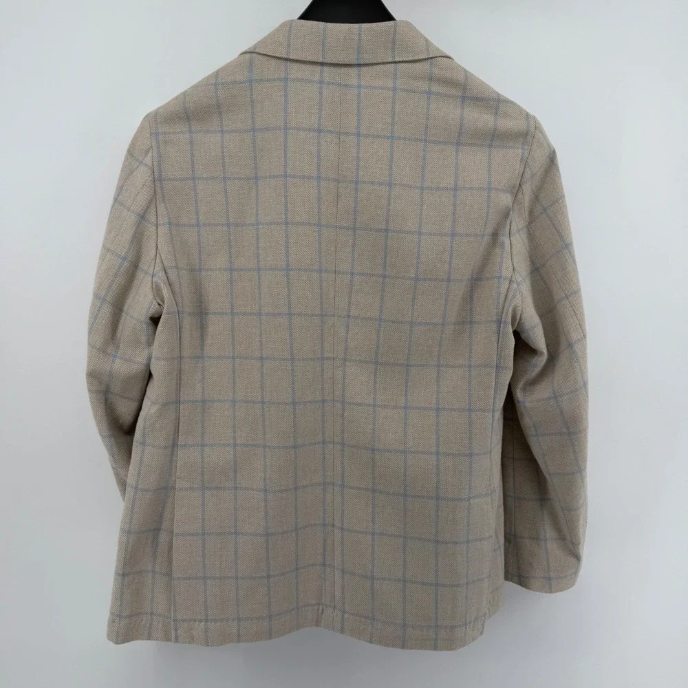 J.M. Haggar Sport Coat Mens 40S Tan Blue Windowpane Slim Cotton Blazer HJ80054